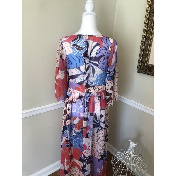 NWOT Molly Bracken Size S Bright Floral Maxi Dress Sheer 3/4 Sleeve Boho Retro - Picture 4 of 6